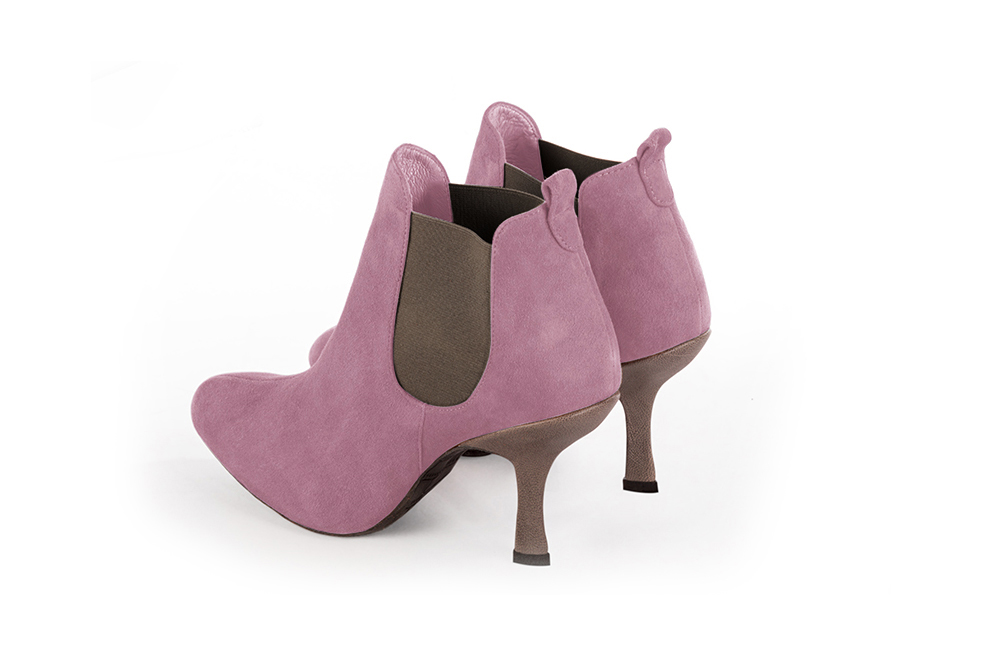 Mauve purple and taupe brown women's ankle boots, with elastics. Round toe. High spool heels. Rear view - Florence KOOIJMAN